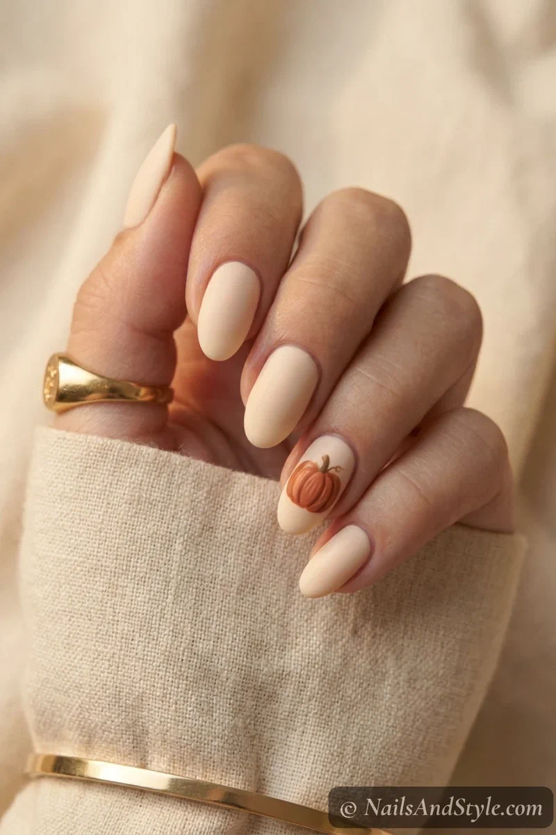 Rustic pumpkin nails with a small matte burnt-orange pumpkin over a warm cream base on short oval nails