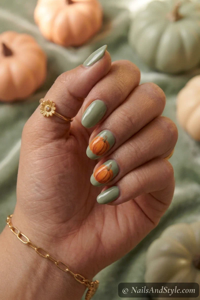 Sage and orange pumpkin nails with an orange pumpkin over a muted sage green base on medium oval nails