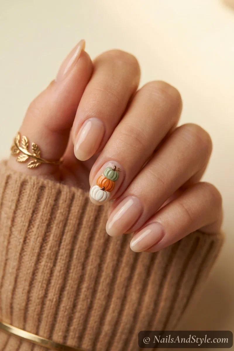 Stacked pumpkins accent nails with two or three pumpkins piled on an accent nail, medium almond nails