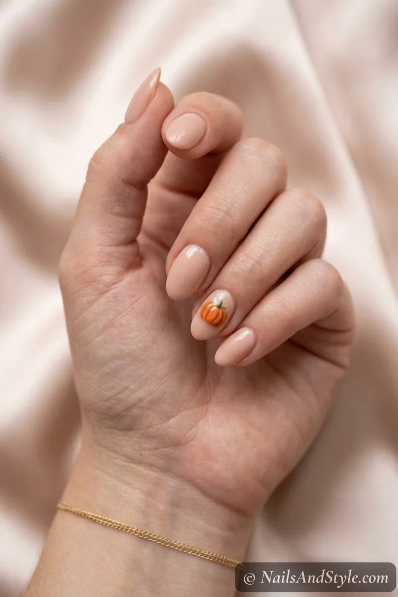 Tiny pumpkin cuticle nails with a small orange pumpkin near the cuticle of an accent nail over a nude base, short almond nails