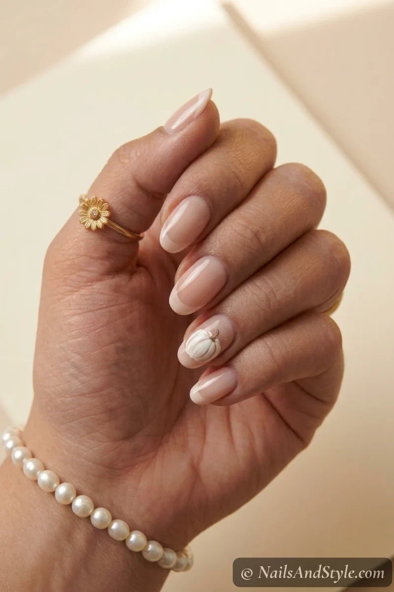 White pumpkin French nails with soft tips and a white pumpkin at the corner over a nude base, medium oval nails