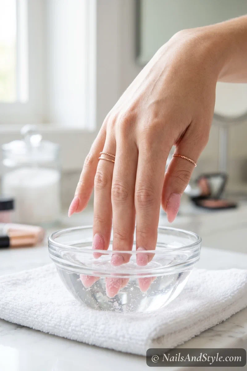 Close-up of fingertips soaking in a small glass bowl of pure acetone with dip powder visibly dissolving and lifting off the nails