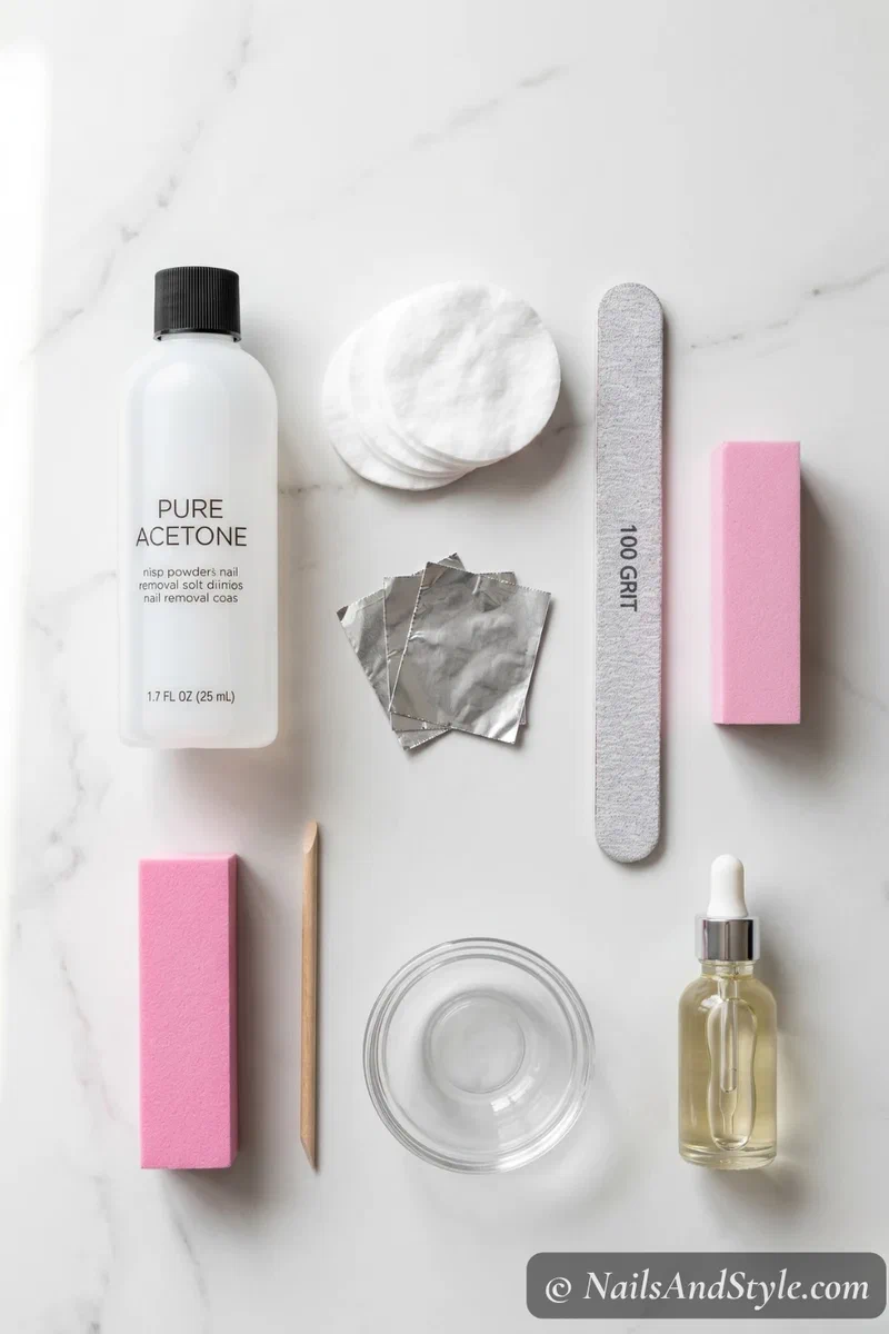 Flat lay of dip powder nail removal supplies including pure acetone cotton pads aluminum foil squares nail file buffer and cuticle oil arranged on a white marble surface