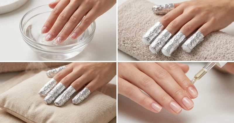 Collage showing different dip powder nail removal methods including acetone bowl soak and foil wrap alongside clean healthy natural nails