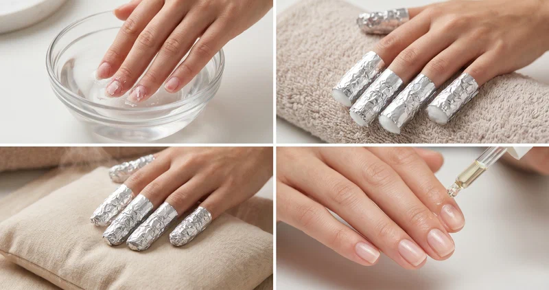 Collage showing different dip powder nail removal methods including acetone bowl soak and foil wrap alongside clean healthy natural nails