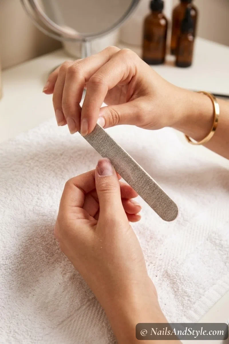 Close-up of a nail file being used to carefully file down dip powder layers from a natural nail