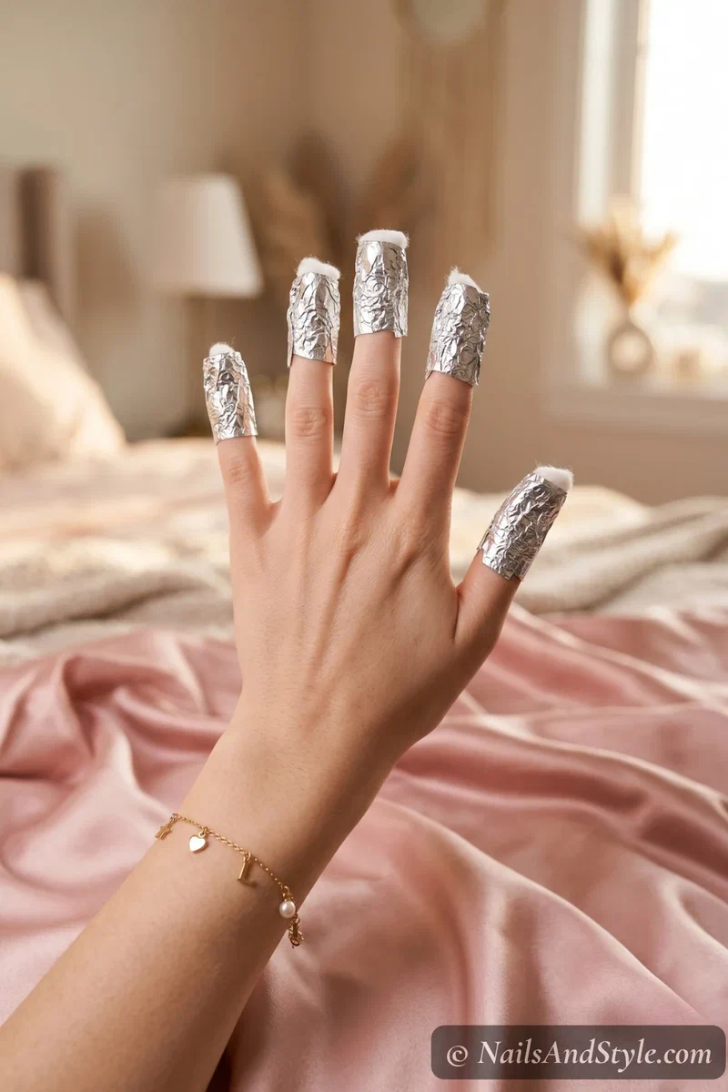 Hand with aluminum foil wraps on each finger during the foil and cotton acetone method for dip powder nail removal