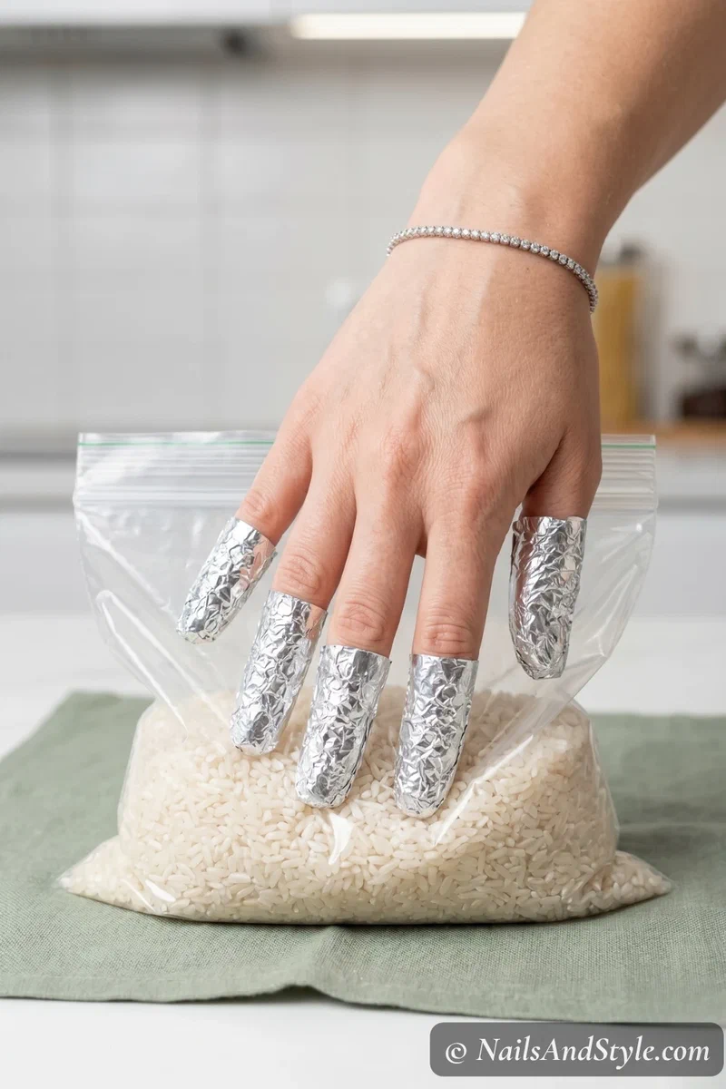 Foil-wrapped fingers pressed into a warm bag of uncooked rice for the hot rice dip powder nail removal technique
