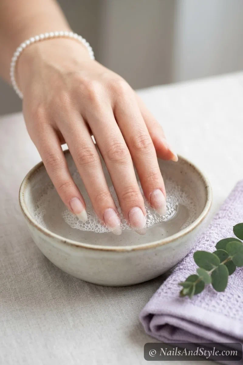 Fingertips soaking in a ceramic bowl of warm soapy water for gentle acetone-free dip powder nail removal