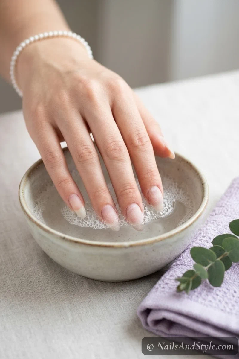 Fingertips soaking in a ceramic bowl of warm soapy water for gentle acetone-free dip powder nail removal
