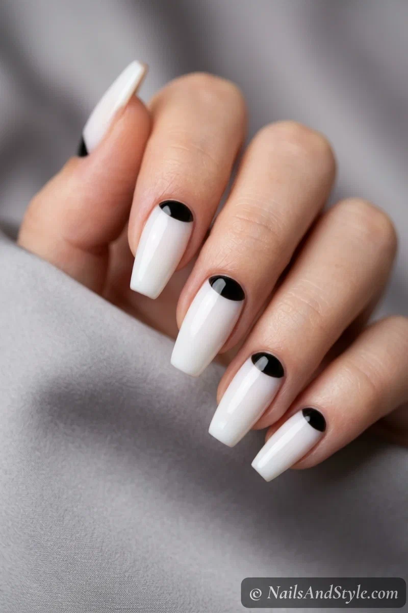 Milky nails with black reverse French half-moons