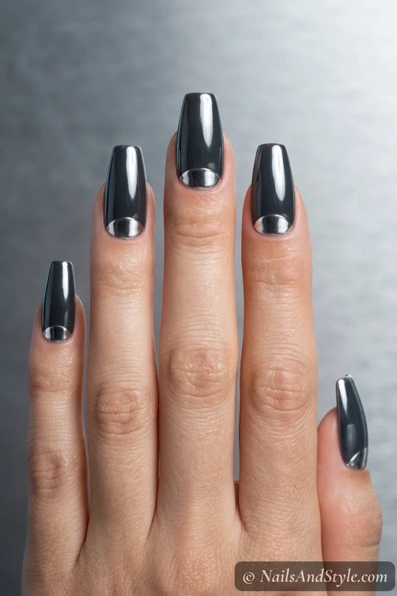 Nails with mirror chrome half-moons