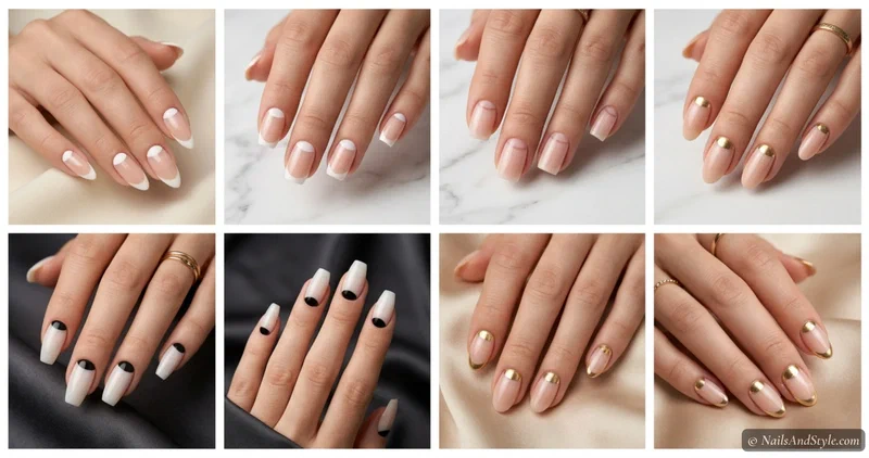 Collage of reverse French nail designs with half-moon shapes in white, gold chrome, black, and thin lines
