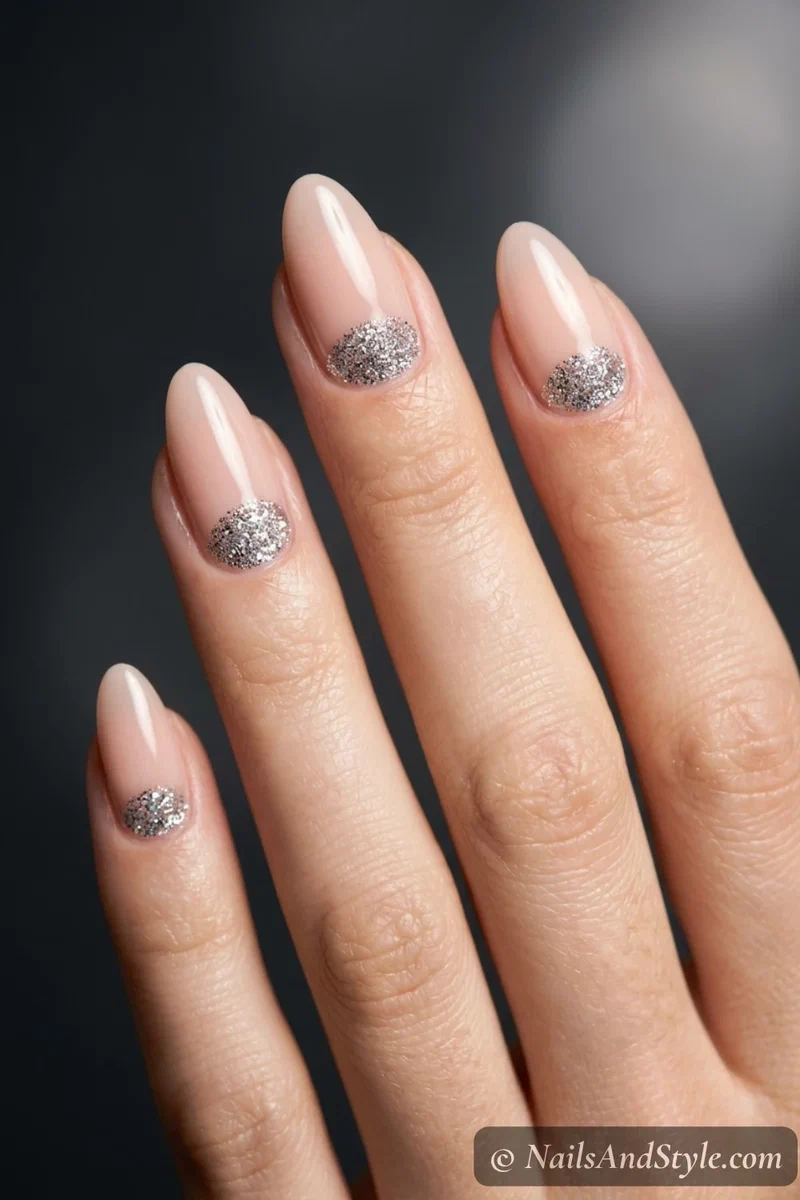 Nude nails with glitter half-moons