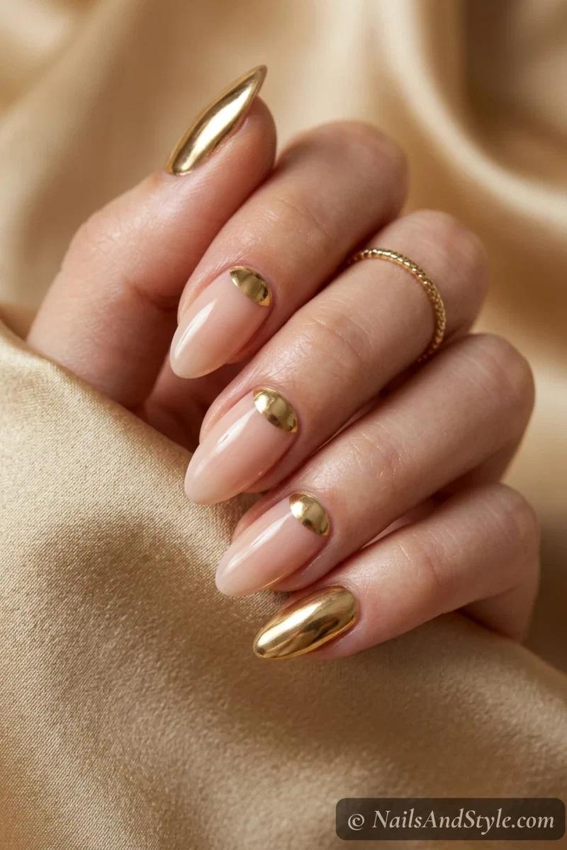 Nude nails with gold chrome half-moons