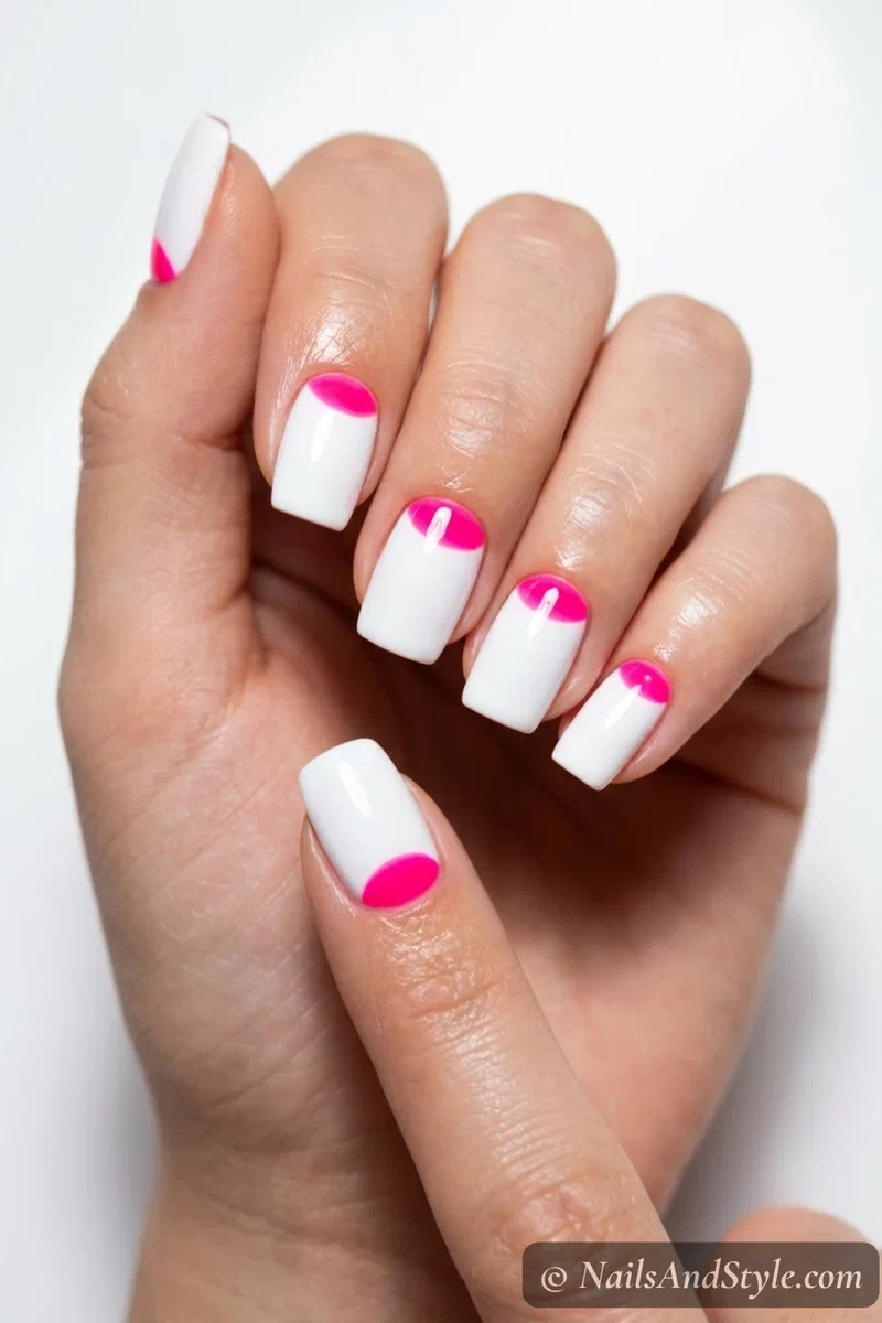 White nails with neon pink half-moons