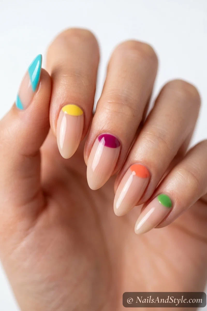 Nails with multicolored reverse French half-moons