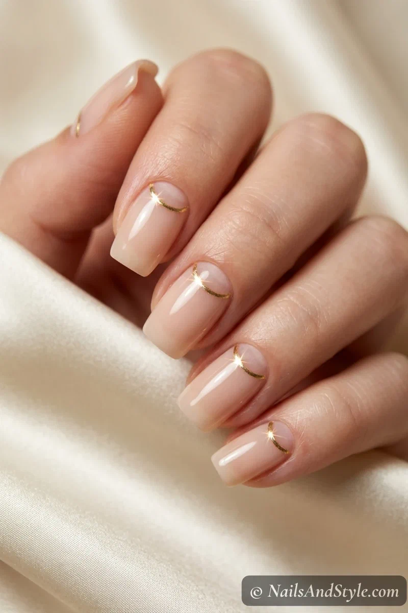 Sheer nails with thin gold half-moon outline