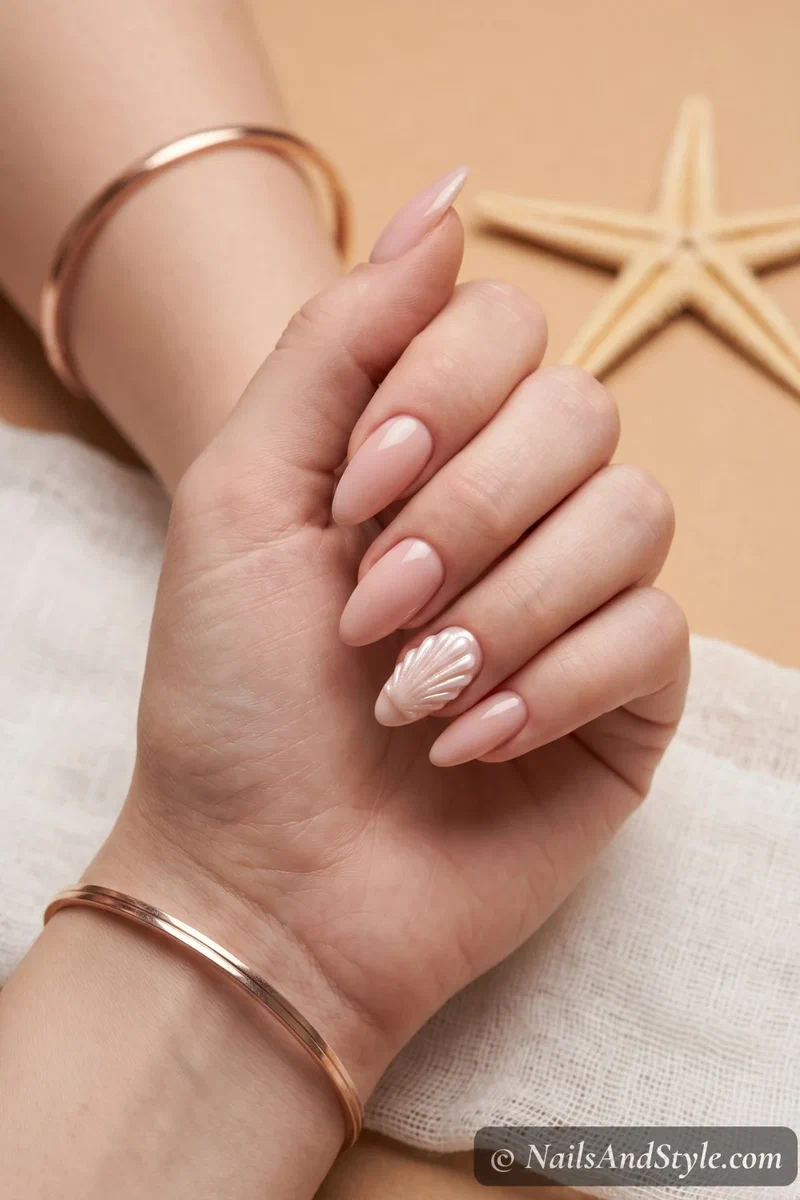 Nude nails with a sculpted 3D gel seashell on the accent nail