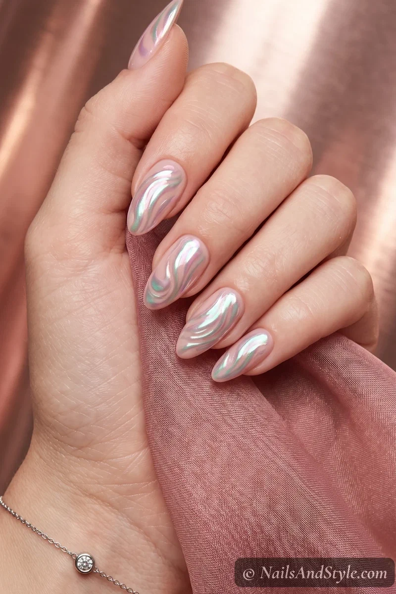 Nude pink nails with iridescent chrome powder creating shell-like swirl pattern