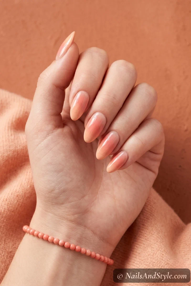 Warm peach to coral pink gradient nails mimicking conch shell interior