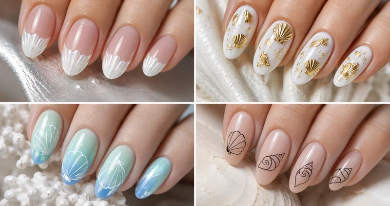 Collage of four seashell nail designs including pearl French tips, gold foil shells, mermaid ombre, and hand-painted scallops