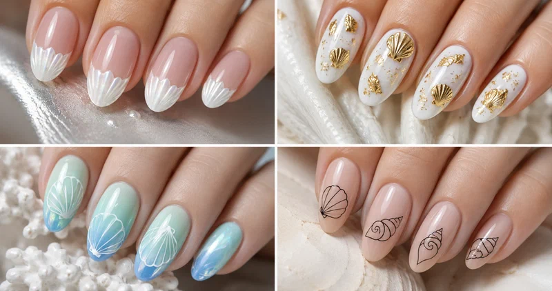 Collage of four seashell nail designs including pearl French tips, gold foil shells, mermaid ombre, and hand-painted scallops