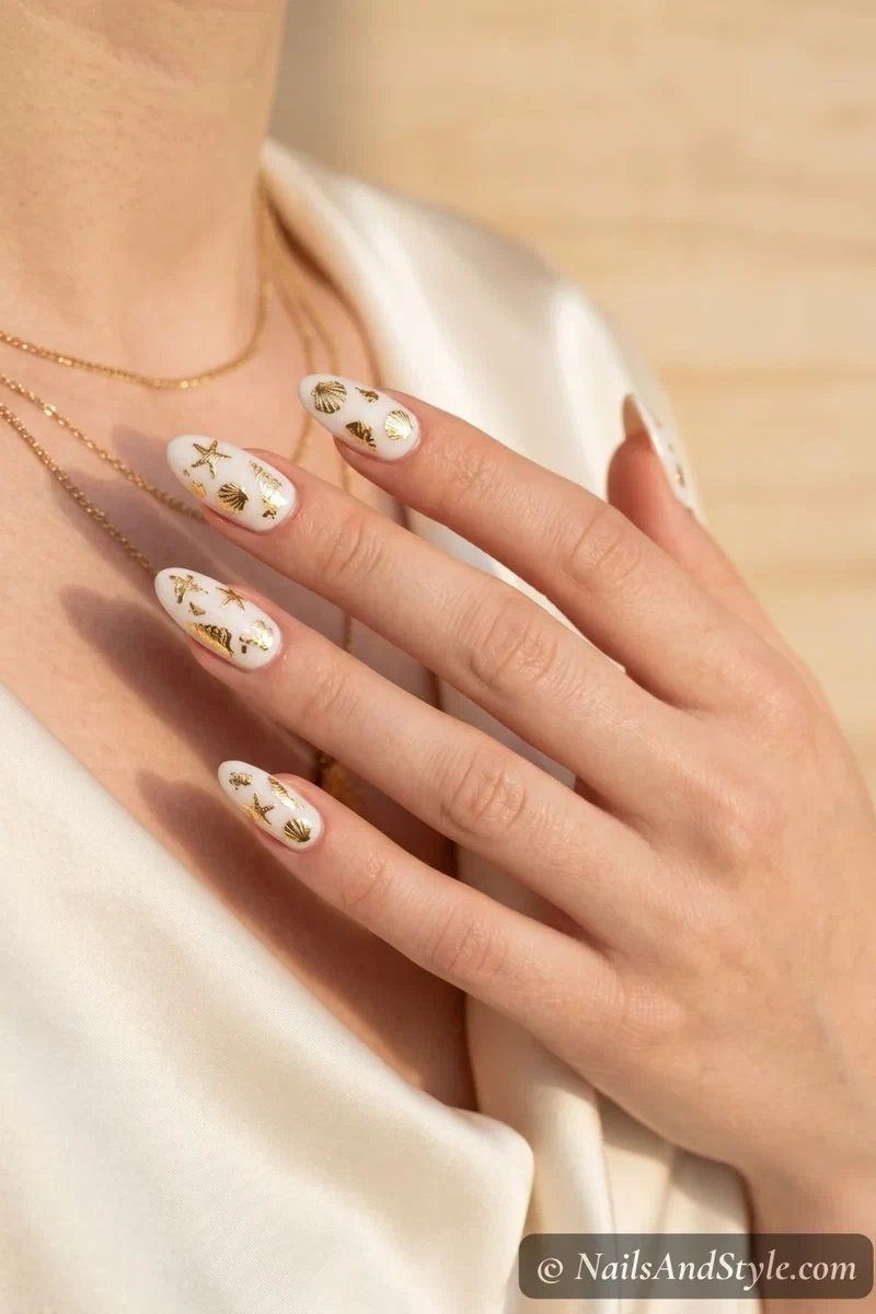 White nails with gold foil seashell shapes pressed into the surface