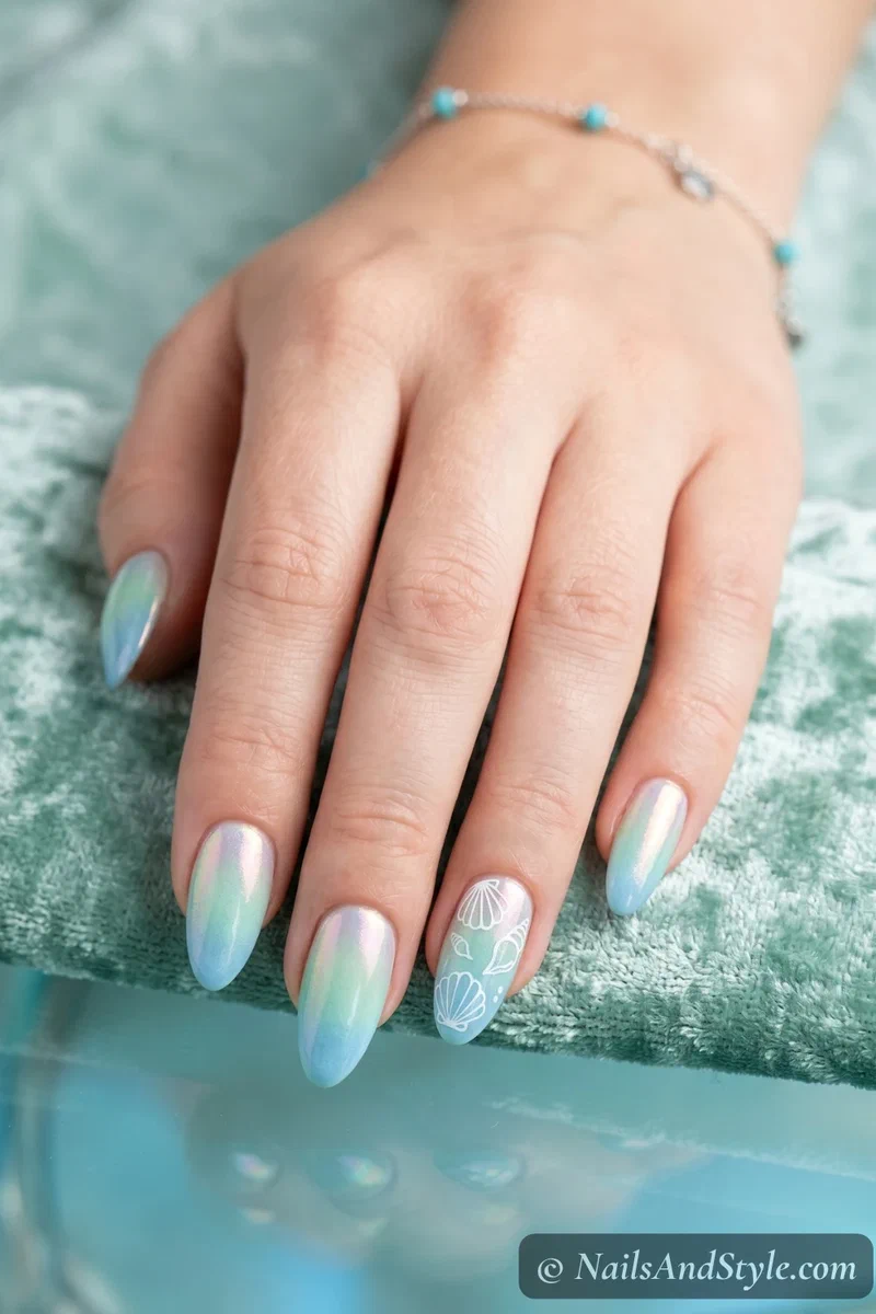 Seafoam to light blue ombre nails with white seashell outlines