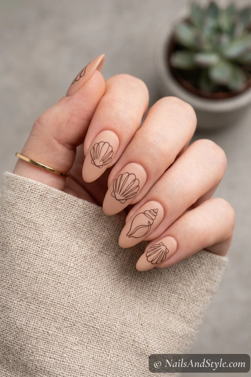Nude nails with minimalist single-line seashell drawings in thin black lines