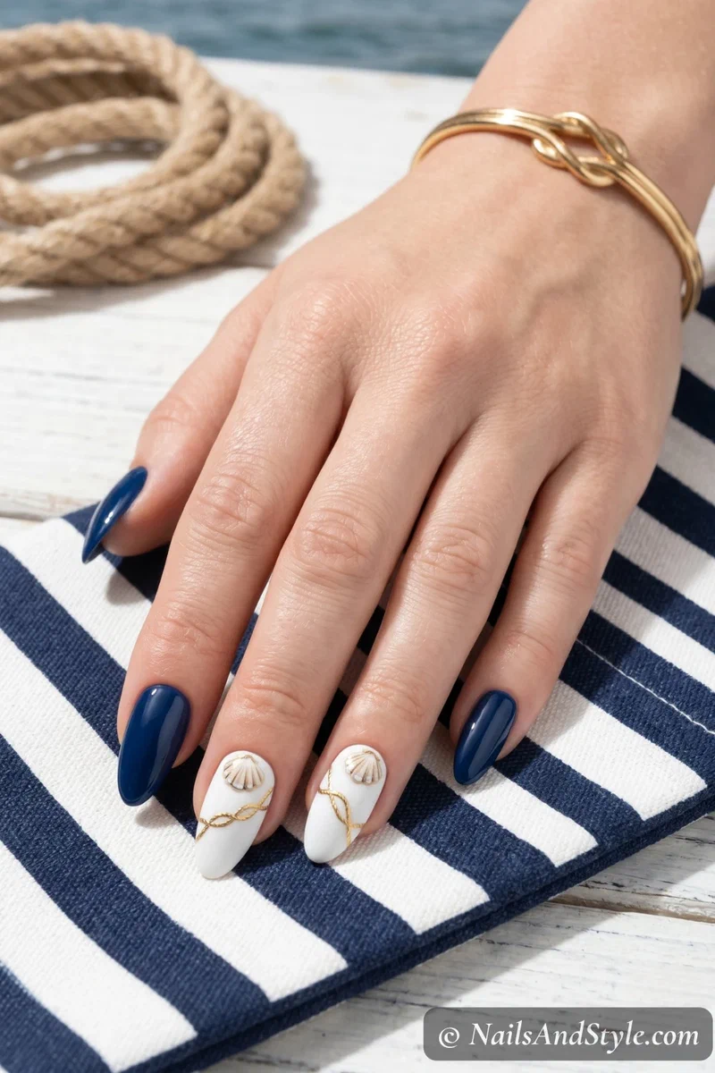 Navy blue nails with white accent nails featuring painted shell and gold rope details