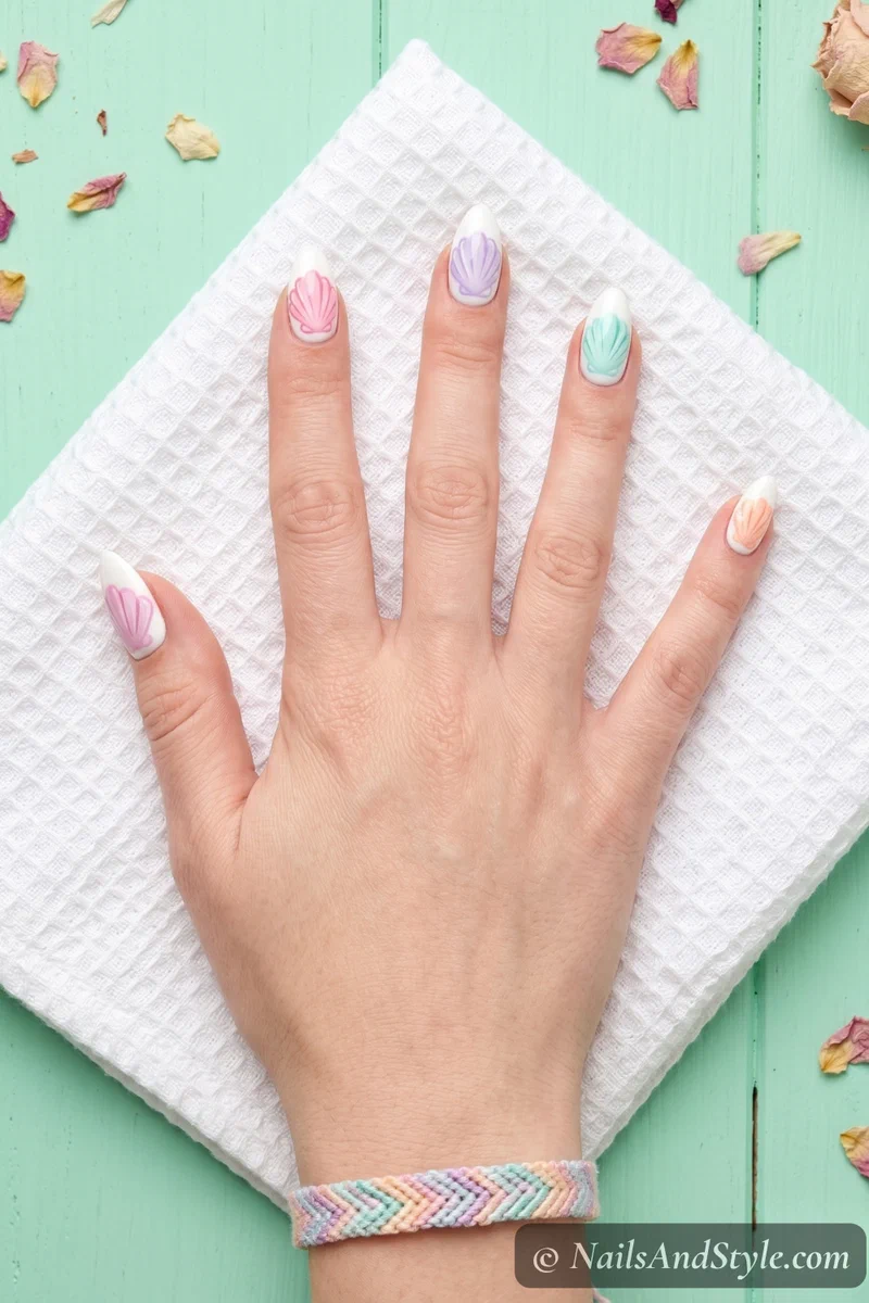 White nails with tiny pastel-colored seashells in pink lavender mint and peach