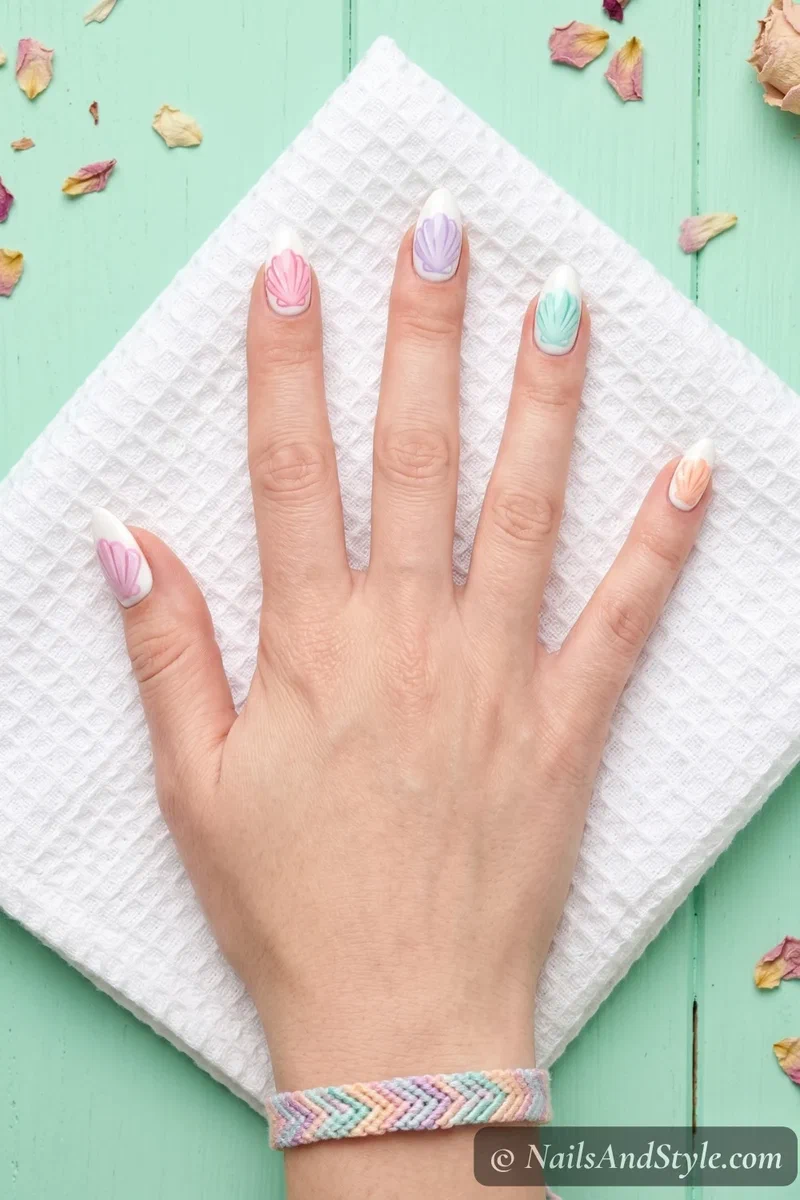 White nails with tiny pastel-colored seashells in pink lavender mint and peach