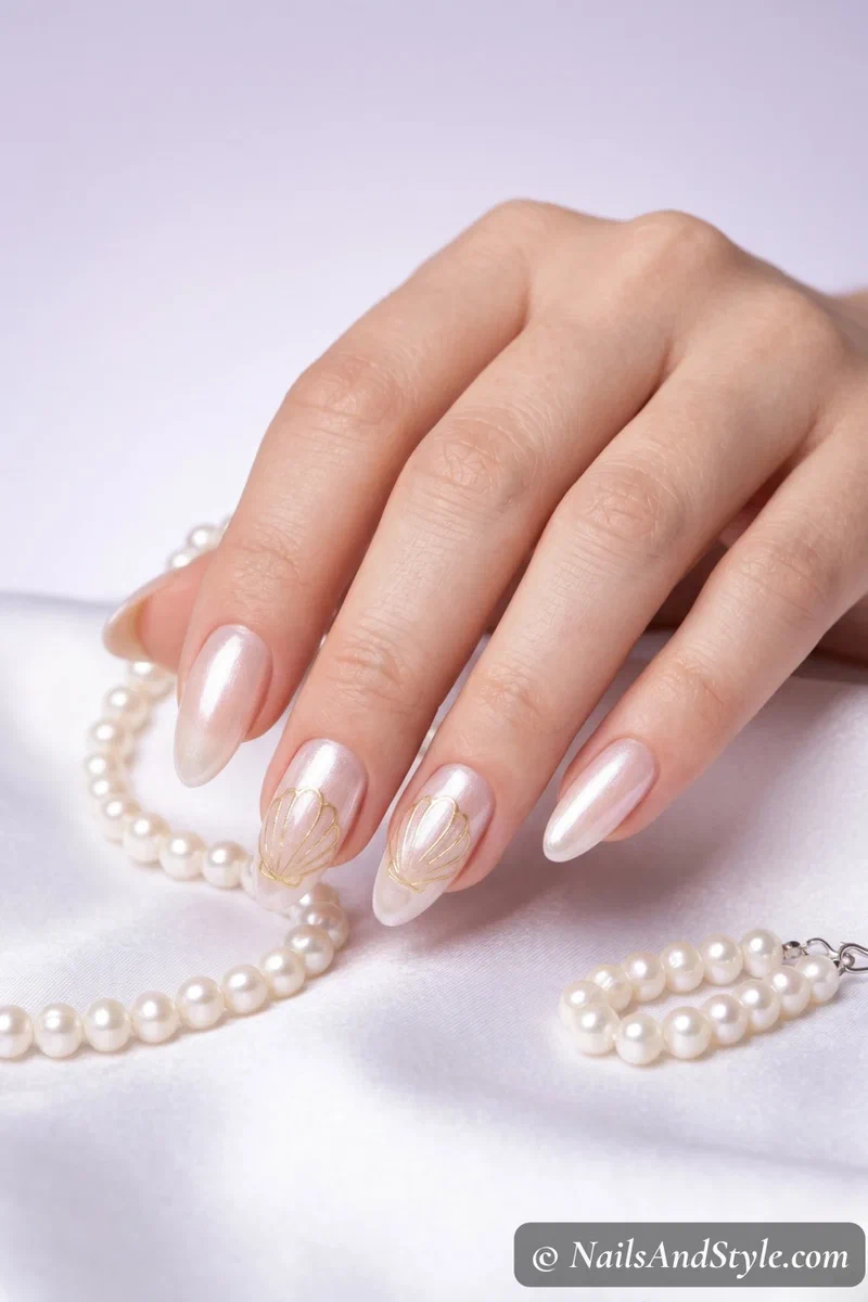 Sheer pearly shimmer nails with subtle gold shell outline details