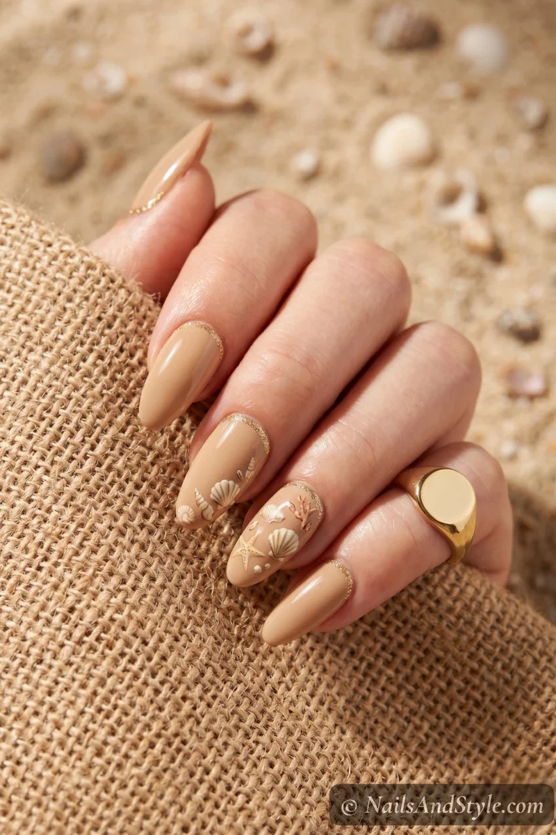 Sandy beige nails with painted seashells starfish and gold glitter waterline