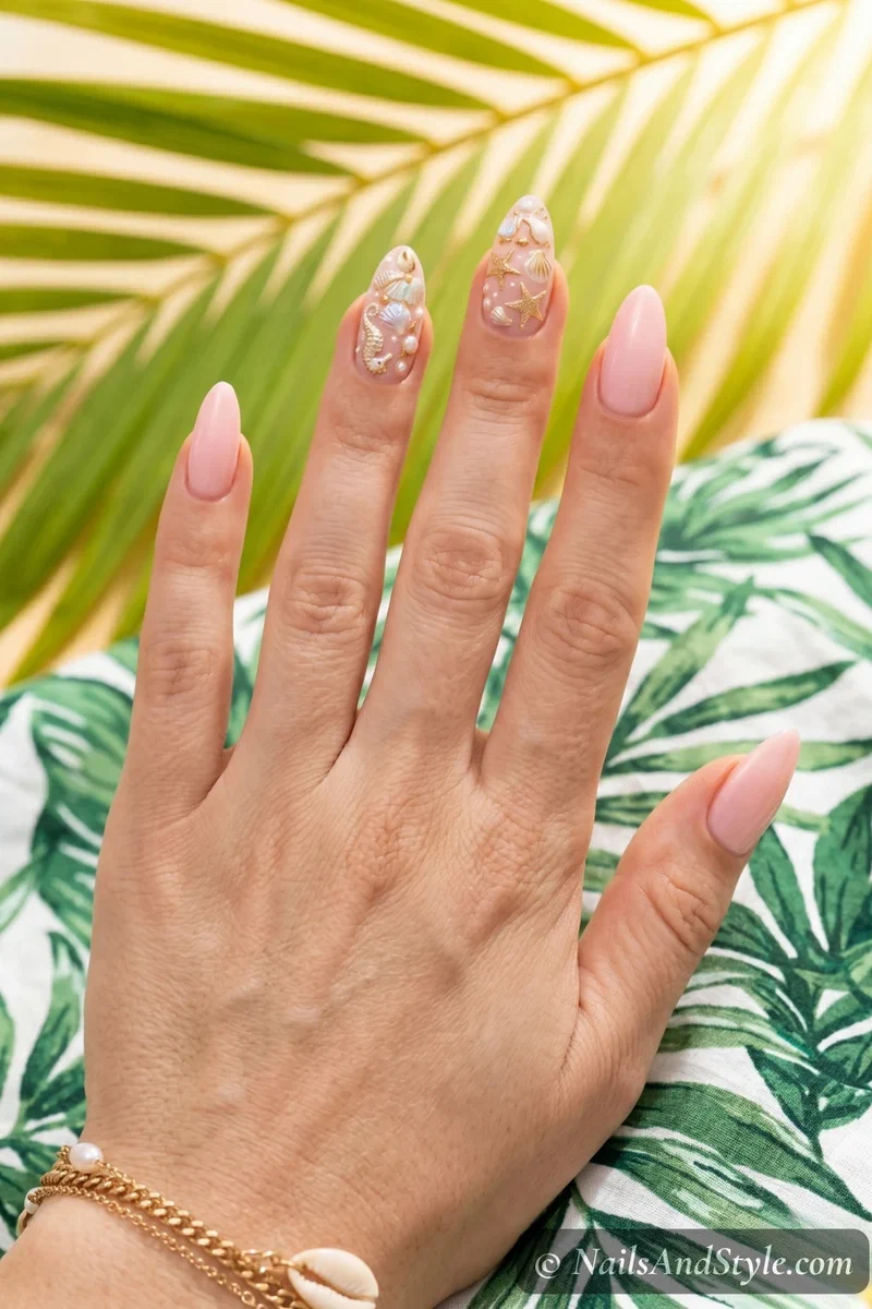 Nude nails with detailed hand-painted ocean collage featuring shells starfish and pearls on accent nails