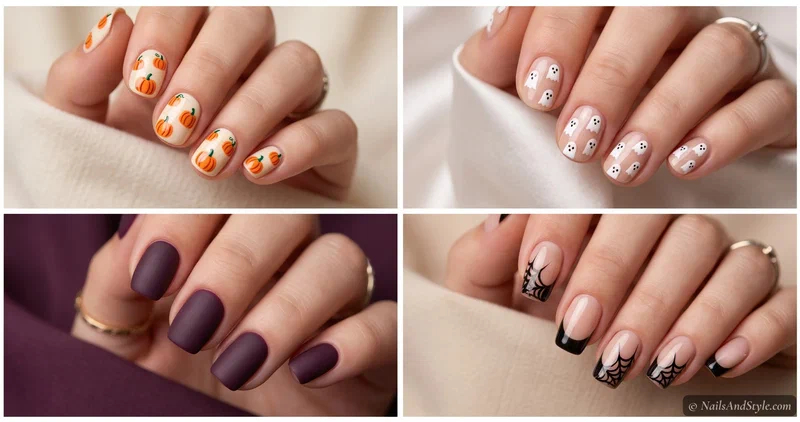 Short nude nails with a tiny white ghost, resting on a cozy autumn table beside a warm mug and mini pumpkins