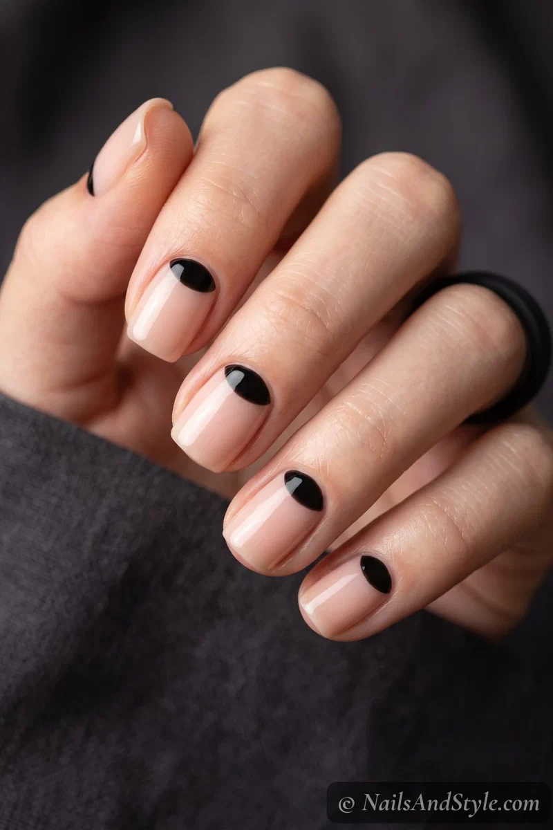 Short nude nails with a black half-moon at the cuticle