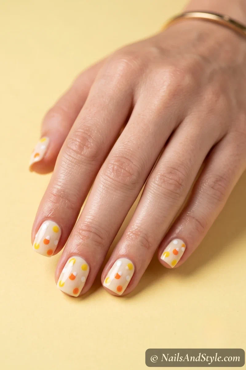 Short cream nails with yellow, orange, and white candy corn dots