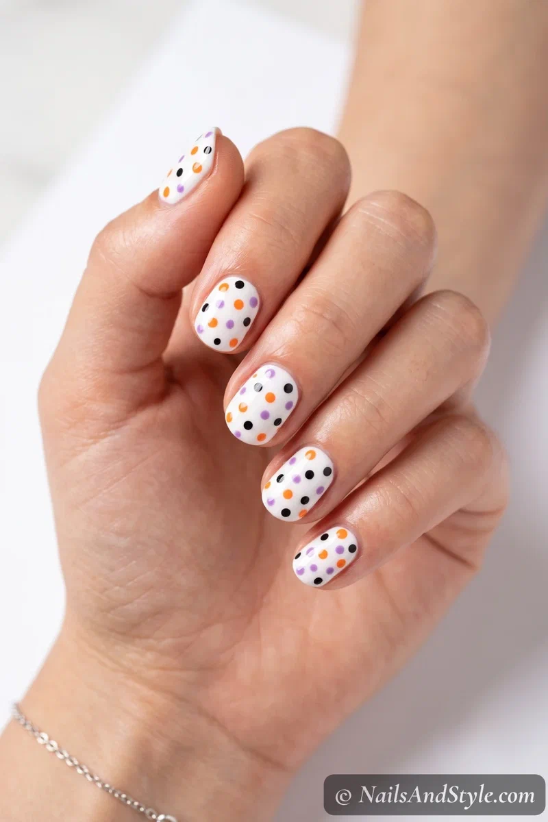 Short white nails with scattered orange, black, and purple dots