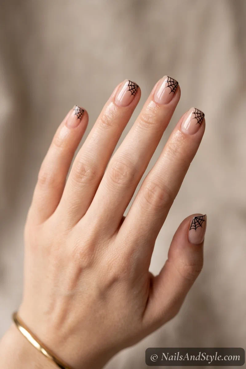 Short sheer nails with a small black spider web in one corner