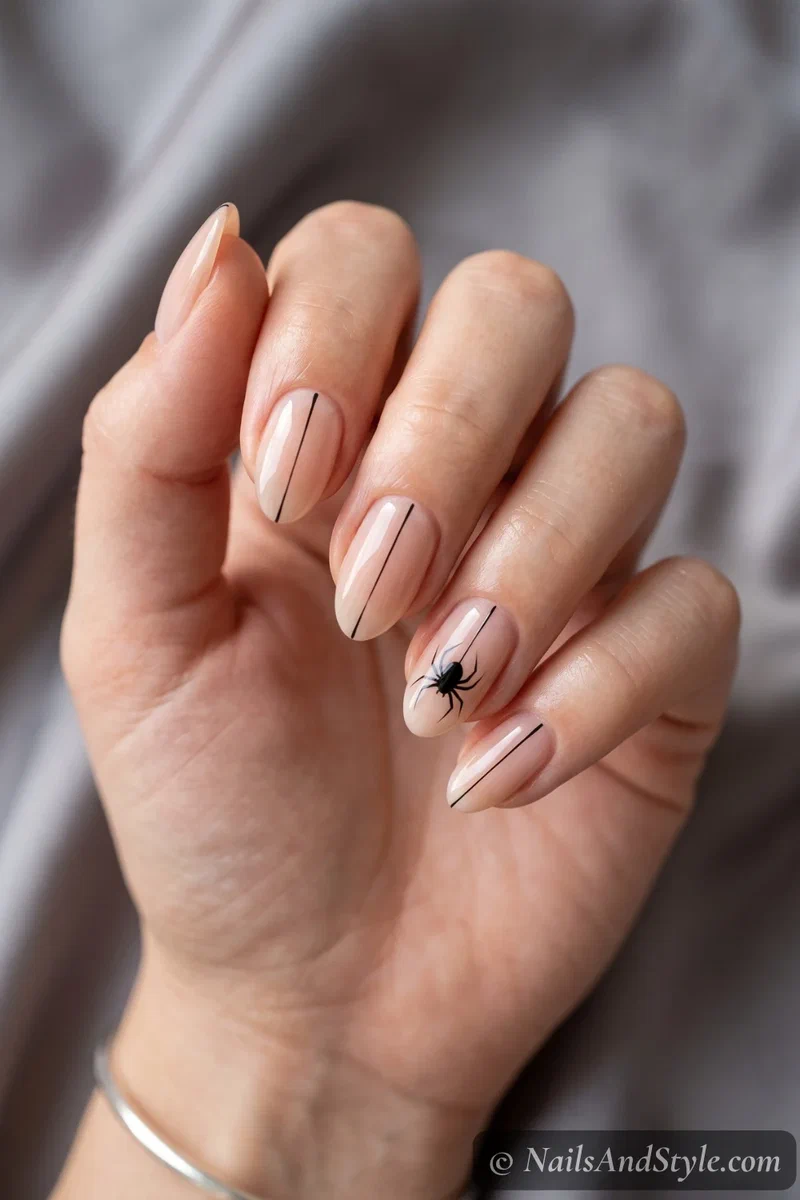 Short nails with a small black spider dangling from a thread