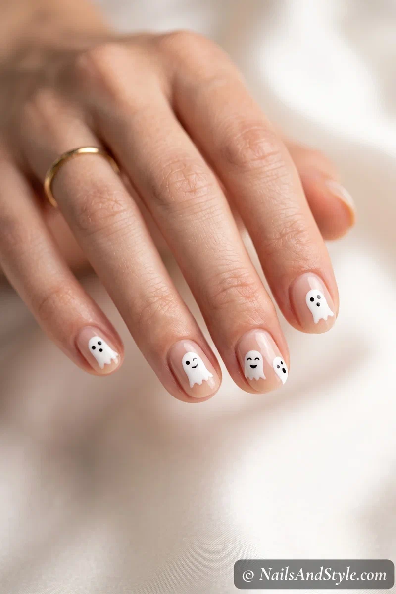 Short nude nails with a squad of tiny white ghosts with different expressions