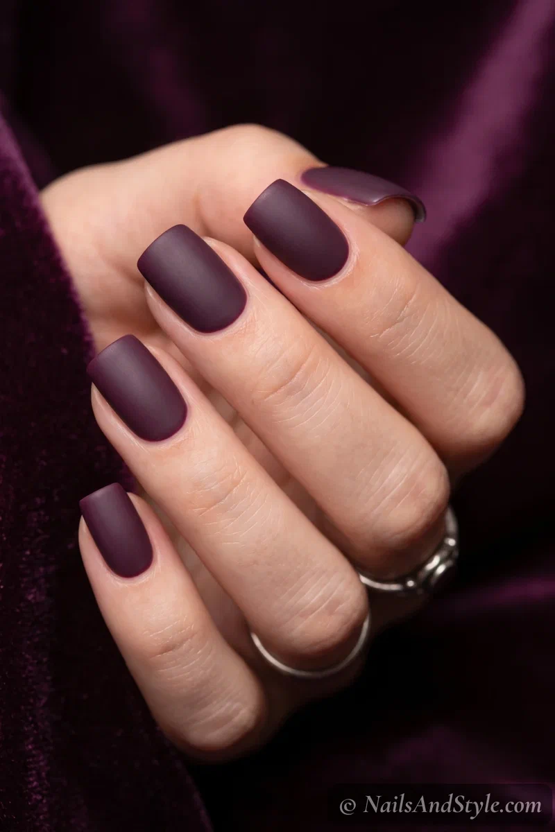 Short nails in deep matte plum purple