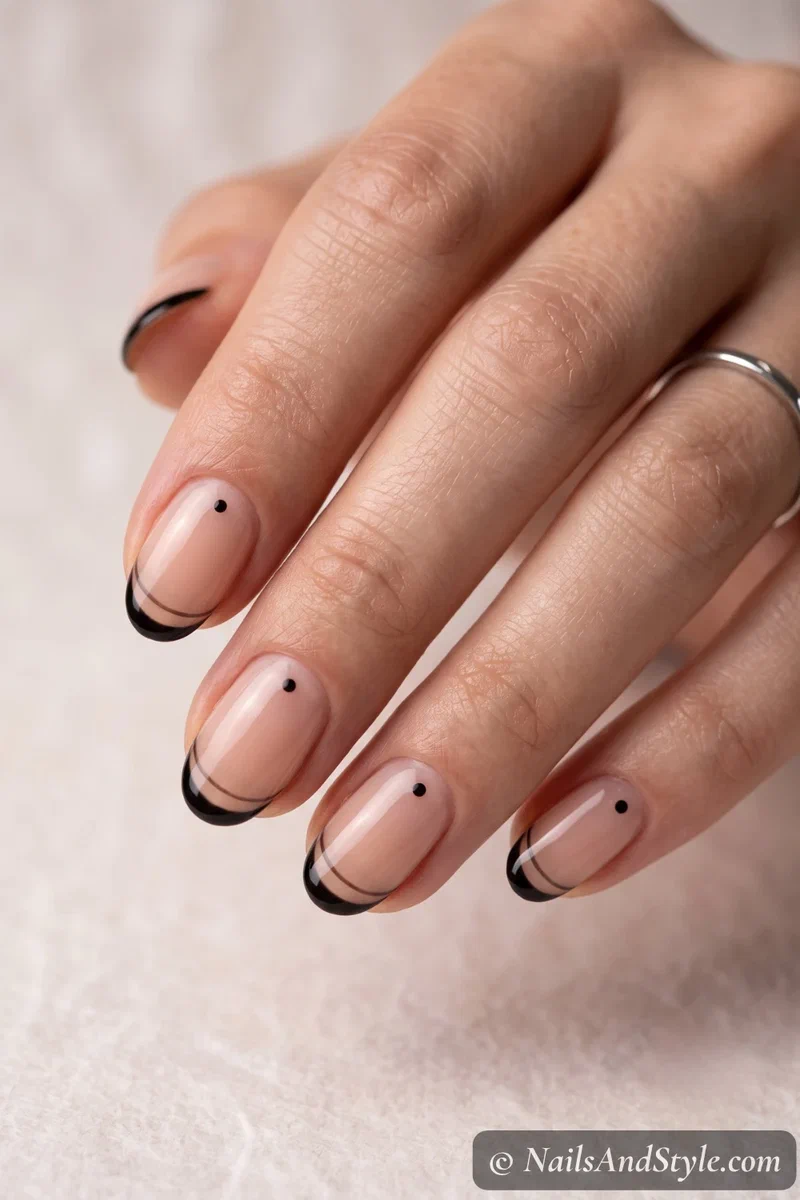 Short sheer nails with a thin micro black French tip