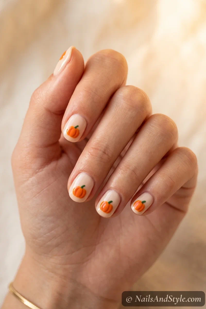 Short cream nails with tiny orange pumpkins and green stems