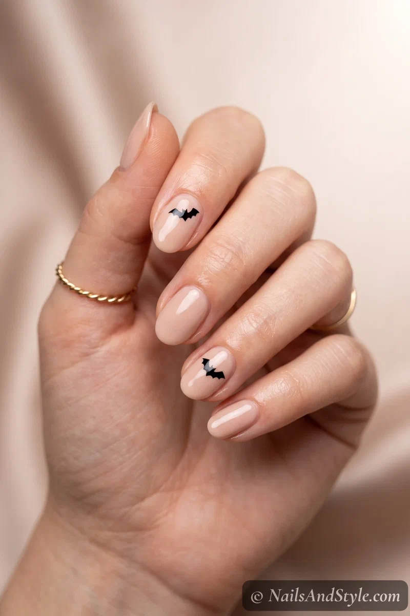 Short nude nails with one tiny black bat on an accent nail