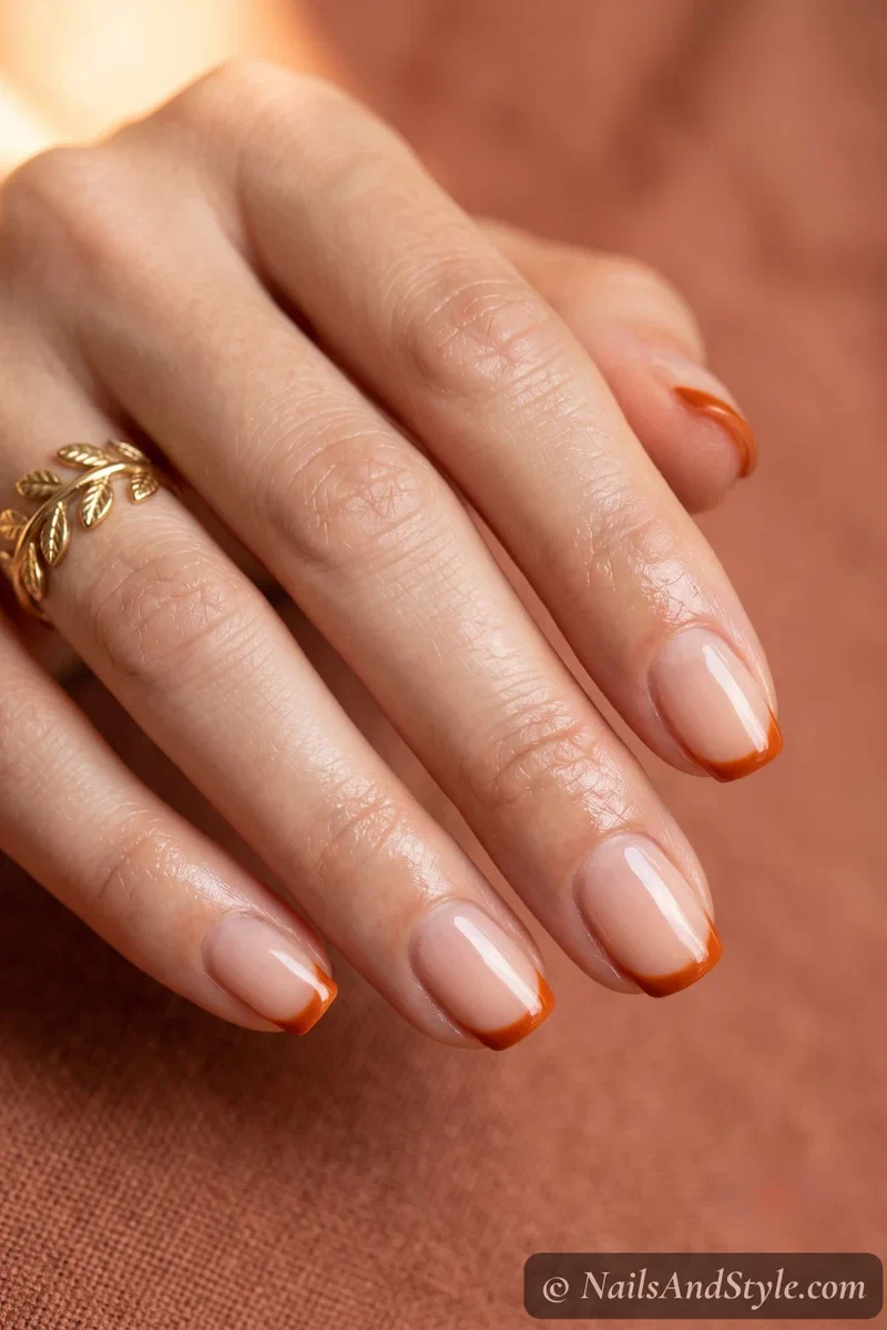 Short nails with thin burnt orange French tips