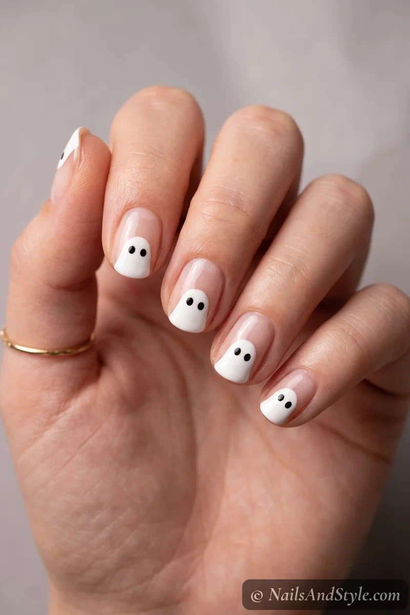 Short nails with a white ghost peeking over the tip
