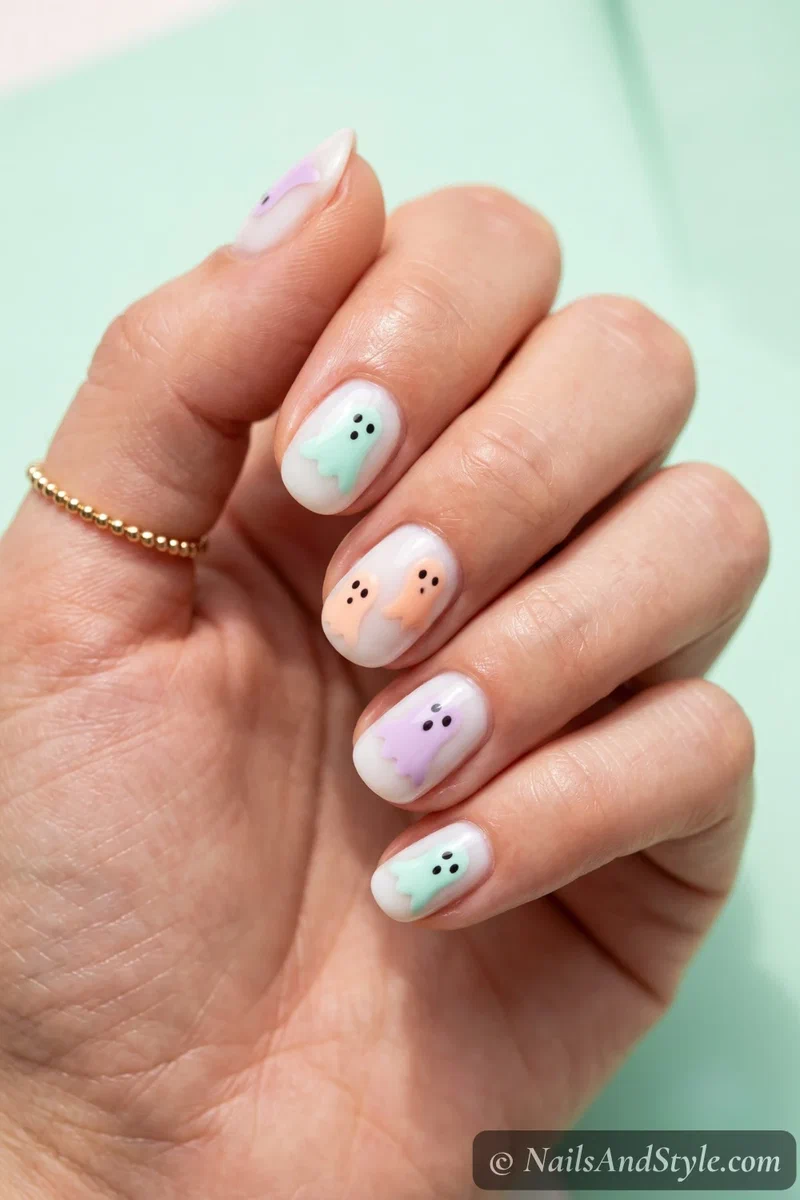 Short milky nails with pastel mint, peach, and lilac ghosts